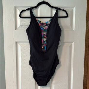 Bleu Rod Beattie Black One-Piece Plunge Swimsuit NWT